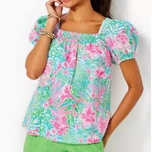 Lilly Pulitzer Keating Short Sleeve Linen Top Size 12 Amalfi Blue Leaf it Wild